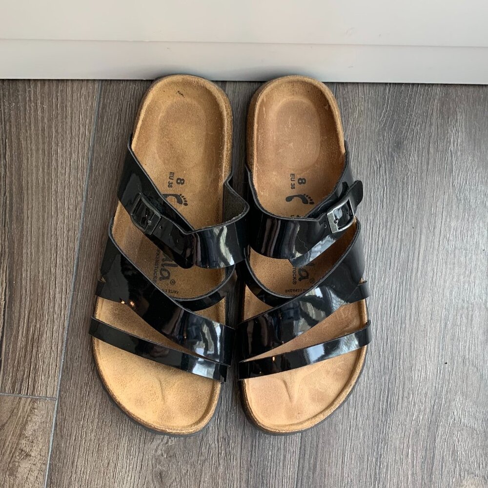 Birkenstock Betula Black Patent Birko-Flor Sandals Slide Cork Footbed, Size 8